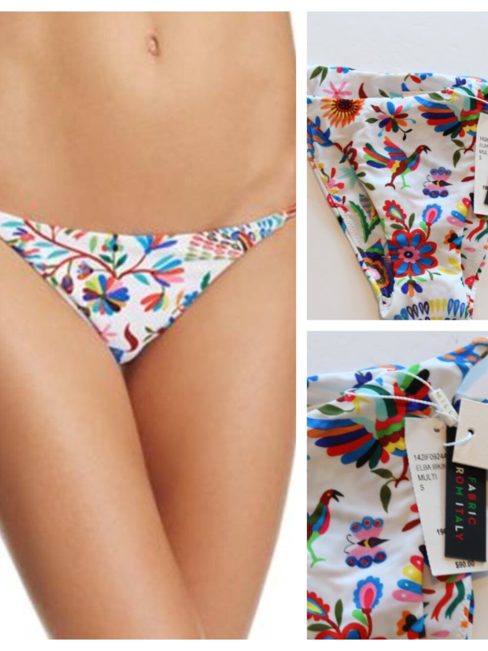 Milly Cabana Elba Italian Folkoric Bikini Swim Bottom White Floral Small NWT